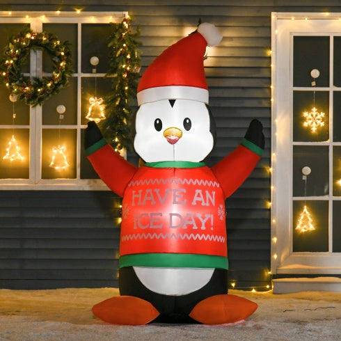 HOMCOM 6ft Christmas Inflatables Outdoor Decorations Penguin Wearing Christmas Sweater, Blow-Up Yard Christmas Decor With LED Lights Display